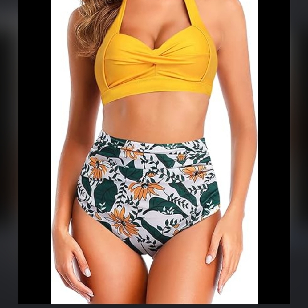 High-waisted swimsuit bottoms, Medium white with gray & yellow accents 💛 - Picture 7 of 7